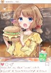  1girl american_flag blouse blue_eyes blurry blurry_background brown_hair chalkboard cheese commentary_request drink drinking_straw eating fang fast_food food hamburger highres holding holding_food ice_cream ice_cream_float idolmaster idolmaster_million_live! instagram long_sleeves looking_at_viewer low_twin_braids open_mouth plate restaurant short_hair skin_fang soda solo sorashima_(117) suou_momoko tomato translation_request yellow_blouse 
