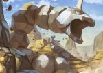  aqua_eyes canyon cloud commentary_request day gen_1_pokemon looking_at_another looking_to_the_side no_humans onix open_mouth outdoors peeking_out pokemon pokemon_(creature) rock sandshrew sky supearibu 