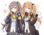  2girls ;d bangs black_bow black_gloves black_jacket black_ribbon black_skirt blush bow breasts brown_eyes brown_hair caramell0501 commentary_request eyebrows_visible_through_hair fingerless_gloves girls_frontline gloves grey_skirt hair_between_eyes hair_bow hair_ornament hairclip hand_on_another&#039;s_shoulder hands_up highres jacket long_hair long_sleeves looking_at_viewer multiple_girls neck_ribbon one_eye_closed one_side_up open_clothes open_jacket open_mouth pleated_skirt red_eyes ribbon scar scar_across_eye shirt skirt small_breasts smile starry_background twintails ump45_(girls_frontline) ump9_(girls_frontline) very_long_hair white_background white_shirt 