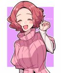  1girl :d ^_^ blush brown_hair closed_eyes commentary do_m_kaeru long_sleeves okumura_haru open_mouth persona persona_5 pink_sweater ribbed_sweater short_over_long_sleeves short_sleeve_sweater short_sleeves smile solo sweater turtleneck twitter_username upper_body 