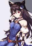  1girl 40_(0f0urw) absurdres animal_ears bangs belt black_hair blue_dress blue_flower breasts bridal_gauntlets brown_belt choker closed_mouth collarbone crying crying_with_eyes_open detached_sleeves dress eyebrows_visible_through_hair floating_hair flower granblue_fantasy hair_between_eyes hair_flower hair_ornament heart highres long_hair medium_breasts nier_(granblue_fantasy) red_eyes shiny shiny_hair short_sleeves sitting sleeveless sleeveless_dress solo tears very_long_hair white_sleeves 