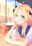  1girl abigail_williams_(fate/grand_order) absurdres bangs black_bow blonde_hair blue_eyes blue_sailor_collar blurry blurry_background bow cafe drinking_straw eyelashes fate/grand_order fate_(series) glass hair_bow hand_in_hair highres indoors long_hair mouth_hold multiple_hair_bows neckerchief orange_bow parted_bangs red_neckwear sailor_collar school_uniform serafuku shiny shiny_hair shirt short_sleeves sitting skimun solo straight_hair upper_body very_long_hair white_shirt 