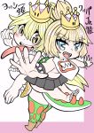  2girls :d bare_shoulders barefoot blonde_hair blue_eyes blush bowsette_jr. bracelet breasts character_name collar commentary_request crown eyebrows_visible_through_hair feet forked_eyebrows grey_skirt highres jewelry long_hair looking_at_viewer mario_(series) mini_crown multiple_girls new_super_mario_bros._u_deluxe open_mouth pleated_skirt ponytail princess_yoshi sharp_teeth skirt smile spiked_bracelet spiked_collar spiked_shell spiked_tail spikes super_crown tail teeth tekito_nimo toes turtle_shell underboob v-shaped_eyebrows very_long_hair yellow_eyes 