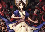  1girl alice:_madness_returns alice_(wonderland) alice_in_wonderland american_mcgee&#039;s_alice apron black_hair blood breasts closed_mouth dress green_eyes jewelry jupiter_symbol knife long_hair looking_at_viewer natsume_k necklace 