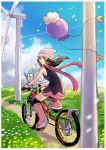  1girl beanie bicycle black_hair black_legwear boots border cloud commentary_request dawn_(pokemon) day drifloon film_grain floating_hair floating_scarf flower gen_4_pokemon grass ground_vehicle hair_ornament hairclip hat highres holding looking_back outdoors over-kneehighs pachirisu path pink_footwear pokemon pokemon_(creature) pokemon_(game) pokemon_dppt ririmon scarf sitting sky thighhighs white_border white_headwear wind_turbine windmill 