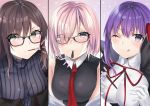  3girls absurdres bangs bare_shoulders bb_(fate)_(all) bb_(fate/extra_ccc) black_coat black_dress blush breasts brown_eyes brown_hair coat consort_yu_(fate) dress fate/extra fate/extra_ccc fate/grand_order fate_(series) food fou_(ssqseeker) glasses gloves grey_dress hair_over_one_eye hair_ribbon highres jacket large_breasts layered_dress leotard light_purple_hair long_hair long_sleeves looking_at_viewer mash_kyrielight mouth_hold multiple_girls neck_ribbon necktie open_clothes open_coat pocky pocky_day popped_collar purple_eyes purple_hair red_ribbon ribbed_dress ribbon short_hair smile very_long_hair white_gloves white_leotard 