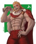  1boy abs alternate_costume black_eyes dark_skin epic fire_emblem fire_emblem_heroes highres looking_at_viewer male_focus muscle nipples open_mouth pectorals red_eyes red_hair santa_costume scar scar_across_eye short_hair smile solo_focus surtr_(fire_emblem) 