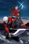  1boy 1girl absurdres archer bangs blue_eyes brown_hair bum_hico closed_mouth coat dual_wielding fate/stay_night fate_(series) hair_ribbon highres holding holding_weapon long_hair long_sleeves one_knee open_mouth outdoors red_coat ribbon skirt sky spiked_hair standing tohsaka_rin two_side_up weapon white_hair yellow_eyes 