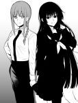  2girls black_eyes black_hair black_legwear black_neckwear black_pants black_skirt braid braided_ponytail breasts business_suit chainsaw_man collared_shirt crossover eyebrows_visible_through_hair fefah2qtlaxuhuc formal hair_between_eyes hand_on_hip hand_on_own_shoulder highres kamio_yui kogureya7 light_smile long_hair long_sleeves looking_at_viewer makima_(chainsaw_man) medium_breasts monochrome multiple_girls necktie office_lady pants ringed_eyes sailor_collar school_uniform shirt shirt_tucked_in side-by-side skirt smile suit trait_connection very_long_hair white_shirt yui_kamio_lets_loose 