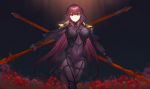  1girl armor bodysuit covered_navel dual_wielding fate/grand_order fate_(series) flower gae_bolg hair_intakes highres holding long_hair outdoors parted_lips pauldrons polearm purple_hair rausu_(undeadmachine) red_eyes scathach_(fate)_(all) scathach_(fate/grand_order) shoulder_armor solo spear spider_lily veil weapon 