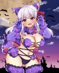  1girl animal_ears bangs bare_shoulders bat blush breasts claw_pose cleavage cosplay dangerous_beast earrings elbow_gloves fate/grand_order fate_(series) full_moon fur-trimmed_gloves fur-trimmed_legwear fur_collar fur_trim gloves gradient_sky hair_ribbon halloween_costume highres jewelry kama_(fate/grand_order) lace-trimmed_legwear lace_trim large_breasts long_hair looking_at_viewer mash_kyrielight mash_kyrielight_(cosplay) moon navel night night_sky o-ring open_mouth popo_(popopuri) purple_gloves purple_legwear purple_sky red_eyes red_ribbon revealing_clothes ribbon silver_hair sky smile tail thighs wolf_ears wolf_tail 