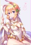  1girl 40_(0f0urw) absurdres animal_ears bangs blonde_hair blue_eyes blush borders breasts bunny_ears cape cleavage closed_mouth detached_collar europa_(granblue_fantasy) eyebrows_visible_through_hair fake_animal_ears flower granblue_fantasy grey_background hair_between_eyes hair_flower hair_ornament hairband highres leotard looking_at_viewer medium_breasts orange_flower orange_rose pink_flower pink_rose playboy_bunny rose shiny shiny_hair shiny_skin short_hair short_sleeves shrug_(clothing) sitting smile solo strapless strapless_leotard thighhighs white_cape white_hairband white_legwear white_leotard wrist_cuffs 