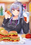  1girl :t ahoge black_hoodie black_ribbon blue_hair blurry blurry_background breasts brown_eyes closed_mouth commentary_request cup depth_of_field disposable_cup drawstring drinking_straw eating fast_food food food_on_face french_fries hair_ornament hair_ribbon hairclip hamburger holding holding_food hood hood_down hoodie indoors irohasu long_hair long_sleeves looking_at_viewer medium_breasts multicolored_hair one_side_up original print_hoodie ribbon silver_hair solo sparkle streaked_hair upper_body v-shaped_eyebrows very_long_hair wavy_mouth yellow_eyes 