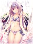  1girl blush bow bow_panties bra breasts flower long_hair navel original panties red_eyes ribbon side-tie_panties silver_hair small_breasts smile solo thighs underwear underwear_only usume_shirou very_long_hair white_bra white_panties 