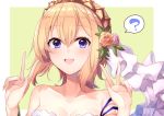  1girl 40_(0f0urw) :d ? absurdres bangs blonde_hair blue_eyes blue_ribbon border breasts cleavage collarbone diadem djeeta_(granblue_fantasy) double_w eyebrows_visible_through_hair flower granblue_fantasy hair_between_eyes hair_flower hair_ornament highres looking_at_viewer medium_breasts open_mouth orange_flower orange_rose outside_border pink_flower pink_rose portrait ribbon rose shiny shiny_hair short_hair smile solo speech_bubble strapless w white_border yellow_background 