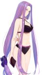  1girl absurdly_long_hair arm_behind_back arm_grab bikini black_bikini breasts chip_le_cree cleavage fate/stay_night fate_(series) from_side highres large_breasts long_hair long_ponytail navel purple_eyes purple_hair rider sidelocks smile solo swimsuit thighs very_long_hair 