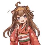  1girl ahoge brown_hair commentary_request double_bun eighth_note floral_print grey_eyes hairband japanese_clothes kantai_collection kimono kongou_(kantai_collection) long_hair musical_note open_mouth red_kimono simple_background smile solo upper_body upper_teeth v white_background wss_(nicoseiga19993411) younger 