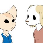  1:1 aggressive_retsuko anthro bran-draws-things canid canine canis domestic_dog duo eye_contact eyebrows female female/female fennec fenneko fox hi_res inui_(aggressive_retsuko) looking_at_another mammal raised_eyebrows sanrio simple_background 