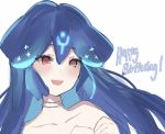  1girl bao_(vtuber) blue_hair close-up collarbone english_commentary happy_birthday highres indie_virtual_youtuber long_hair open_mouth red_eyes solo tagicrabbu virtual_youtuber white_background 