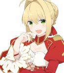  1girl braid breasts cleavage dress fate/extra fate_(series) french_braid green_eyes hair_intakes ieufg large_breasts looking_at_viewer nero_claudius_(fate) nero_claudius_(fate)_(all) open_mouth red_dress smile solo wide_sleeves 