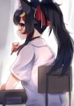  1girl animal_ears black_hair brown_eyes choker hololive looking_at_viewer looking_back nape ookami_mio ponytail school_uniform sitting solo tied_hair virtual_youtuber wolf_ears yukidaruma718 