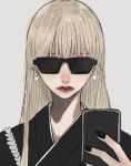 1girl bangs black_nails blonde_hair cellphone close-up earrings highres holding holding_phone japanese_clothes jewelry mano_aaa original phone smartphone solo sunglasses 