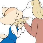  1:1 aggressive_retsuko anthro bran-draws-things canid canine canis domestic_dog duo eye_contact eyebrows female female/female fennec fenneko fox hi_res inui_(aggressive_retsuko) kissing looking_at_another mammal sanrio simple_background 
