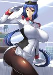  1girl absurdres blue_hair breasts cosplay covered_nipples gloves green_eyes gundam gundam_build_divers gundam_seed haganef hat highres iori_rinko large_breasts leggings military military_uniform murrue_ramius murrue_ramius_(cosplay) salute solo uniform white_gloves 