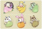  3boys 3girls :3 animal_crossing animal_ears banana bangs black_eyes black_hair black_sclera blonde_hair blunt_bangs blush blush_stickers border brown_background brown_hair bunny_ears bunny_tail cat_boy cat_ears cat_tail chibi chrissy_(animal_crossing) closed_eyes colton_(animal_crossing) commentary_request durian english_text epaulettes fake_animal_ears food freckles fruit furry hairband hand_up hands_up happy hood horns horse_boy light_blush lipstick looking_at_viewer makeup mint_(animal_crossing) muffy_(animal_crossing) multiple_boys multiple_girls one_eye_closed open_mouth orange outline oversized_object peach pear plaid_neckwear polka_dot polka_dot_background rabbit_girl red_lipstick rolf_(animal_crossing) rudy_(animal_crossing) sheep_girl sheep_horns shiny shiny_hair short_hair simple_background smile squirrel_ears squirrel_girl squirrel_tail tail tiger_boy tiger_ears tiger_tail tsutsuji_(hello_x_2) white_border white_eyes white_hairband yellow_sclera 