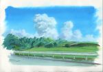  blue_sky border cloud cumulonimbus_cloud day field grass guard_rail highres no_humans original outdoors sawitou_mizuki scenery sky traditional_media tree white_border 