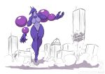  anthro breasts building city cityscape claws conditional_dnp dust_cloud eyeless featureless_breasts featureless_crotch female horn jollyjack kaiju psychic_powers purple_body restricted_palette skyscraper solo 