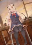  1girl alternate_costume blue_eyes blue_skirt demon_tail desk english_commentary highres horns indie_virtual_youtuber looking_at_viewer mixed-language_commentary okiji_b on_desk school_uniform sitting sitting_on_desk skirt solo tail thighhighs vei_(vtuber) virtual_youtuber white_hair 