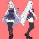  1girl 3d absurdres blue_eyes breasts demon_tail hand_on_own_chest highres horns indie_virtual_youtuber jjinomu large_breasts long_hair multiple_views pink_background school_uniform tail thighhighs vei_(vtuber) very_long_hair white_hair 