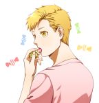  1boy alphonse_elric blonde_hair candy candy_wrapper close-up colored_eyelashes colorful expressionless eyelashes facing_away fingernails food food_in_mouth from_behind fullmetal_alchemist hand_up looking_afar looking_back male_focus nape open_mouth pai_(1111) shiny shiny_hair shirt simple_background striped striped_background sweets tareme teeth teeth_hold upper_body upper_teeth white_background white_shirt yellow_eyes 