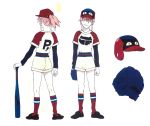  1girl baseball_bat baseball_costume baseball_helmet baseball_jersey baseball_mitt baseball_uniform character_sheet flcl gainax helmet highres medium_hair official_art ogura_nobutoshi pink_hair production_art production_ig solo sportswear yellow_eyes 