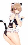  1girl absurdres animal_ears ass blush brown_hair cat_ears cat_tail commentary_request fake_animal_ears fake_tail from_behind hair_over_one_eye highres honkai_(series) honkai_impact_3rd kemonomimi_mode looking_at_viewer looking_back maid_headdress maid_swimsuit mole mole_under_eye one-piece_swimsuit paw_pose red_eyes rita_rossweisse rita_rossweisse_(icy_sea_spray) scrunchie short_hair solo swimsuit tail thighs tutou_jiang white_background wrist_scrunchie 