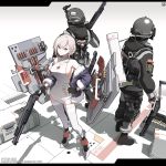  1girl 2boys absurdres armor breasts character_name circle_a commentary commentary_request fingerless_gloves fsb girls_frontline gloves grifon_&amp;_kryuger gun hand_on_hip handgun helmet highres holding holding_gun holding_weapon holster jacket jacket_on_shoulders looking_at_viewer meme_attire multiple_boys night_vision_device no_bra partial_commentary pistol police police_uniform rmb-93 rmb-93_(girls_frontline) russian_flag russian_text short_hair shotgun shotgun_shells sideboob silver_hair simple_background star_(symbol) tactical_clothes thigh_holster thighhighs trigger_discipline uniform virgin_killer_sweater weapon 
