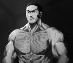  1boy bara black_eyes black_hair blood chest chest_hair facial_hair golden_kamuy greyscale hairy highres male_focus manly monochrome muscle navel_hair nipples nosebleed nude sendo_k short_hair sideburns stubble tanigaki_genjirou thick_eyebrows upper_body 