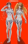  2girls absurdres bodysuit evangelion:_3.0+1.0_thrice_upon_a_time eyepatch glasses hands_on_own_thighs highres interface_headset makinami_mari_illustrious multicolored multicolored_bodysuit multicolored_clothes multiple_girls neon_genesis_evangelion plugsuit rebuild_of_evangelion sabakan5555 shikinami_asuka_langley souryuu_asuka_langley test_plugsuit white_bodysuit 