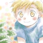  1boy alphonse_elric arm_support beige_background bent_over big_eyes blonde_hair blue_shirt blush blush_stickers child close-up closed_mouth dew_drop dot_nose face facing_viewer fullmetal_alchemist happy leaf leaning leaning_forward looking_down looking_to_the_side lowres male_focus multicolored multicolored_background nose_blush orange_background pink_background polka_dot polka_dot_background shirt short_sleeves simple_background smile snail tareme uho_(uhoponta) upper_body water water_drop white_background yellow_background yellow_eyes younger 