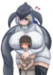  &lt;3 age_difference animal_humanoid big_breasts blue_eyes blue_whale_(kemono_friends) blush breasts brown_eyes brown_hair cetacean cetacean_humanoid clothing duo embarrassed eyewear female glasses hair huge_breasts human humanoid kemono_friends legwear long_tail male mammal marine marine_humanoid pseudo_hair shirt simple_background size_difference sweater teruduki thigh_highs topwear young younger_male 