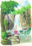  1girl blonde_hair closed_mouth day highres leaning_forward light_rays long_hair nature original outdoors sawitou_mizuki smile solo standing traditional_media tree very_long_hair wading washing_clothes water waterfall yellow_eyes 