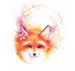  2019 accessory black_ears black_nose canid canine elkir female flower flower_in_hair fox fur hair hair_accessory head_only headshot_portrait hi_res looking_back mammal orange_body orange_fur painting_(artwork) petals pink_flower pink_petals plant portrait purple_eyes red_body red_fox red_fur simple_background solo splashes traditional_media_(artwork) watercolor_(artwork) white_background white_body white_fur 