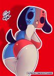  animate_inanimate anthro big_breasts big_butt breasts butt canid clothed clothing english_text female hi_res looking_at_viewer looking_back mammal nintendo nintendo_switch rear_view red_background rizkitsuneki shadow short_stack signature simple_background smile solo switch_dog text thick_thighs tongue tongue_out video_games wide_hips 
