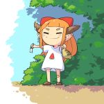  1girl alternate_costume bandaid bandaid_on_knee bangs blunt_bangs bow brown_footwear bush closed_eyes contemporary day english_commentary food_print full_body highres holding horn_bow horns ibuki_suika long_hair mobcap orange_hair outdoors pointy_ears purple_bow red_bow shirt shoes shorts smile snake solo t-shirt thick_eyebrows touhou tree tsuchinoko watermelon_print white_shirt white_shorts 