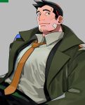  1boy bandaid bandaid_on_face black_hair chest coat collared_shirt facial_hair green_coat gyakuten_saiban highres itonokogiri_keisuke looking_at_viewer male_focus necktie open_clothes open_coat paguraisu shirt short_hair smile solo spiked_hair stubble upper_body 