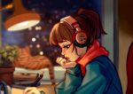  1girl bangs blushy-pixy brown_hair cat chilledcow_stream_girl chin_rest eyelashes freckles from_side googly_eyes headphones hood hood_down hoodie lamp listening_to_music lofi_hip_hop_radio_-_beats_to_relax/study_to medium_hair night pen reading short_ponytail soft_focus solo_focus studying tabby_cat writing 