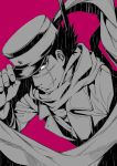  1boy adjusting_clothes adjusting_headwear black_hair facial_scar golden_kamuy hat highres imperial_japanese_army kepi looking_at_viewer male_focus military military_hat military_uniform multiple_monochrome pink_background scar scar_on_cheek scarf short_hair solo sugimoto_saichi uniform upper_body weapon weapon_on_back zanki 