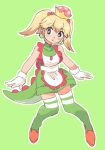  1girl :o apron bangs bare_shoulders black_eyes blonde_hair blush commentary_request covered_collarbone crown earrings eyebrows_visible_through_hair frilled_apron frills full_body gloves green_background green_legwear hair_between_eyes jewelry kanpappa lizard_tail looking_at_viewer mario_(series) mini_crown new_super_mario_bros._u_deluxe orange_footwear outline parted_lips princess_yoshi shorts simple_background sleeveless solo standing striped striped_legwear super_crown tail thighhighs twintails white_apron white_gloves white_outline zettai_ryouiki 