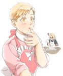  2boys alphonse_elric annoyed apron bangs black_shirt blonde_hair brothers cake close-up collared_shirt colored_eyelashes edward_elric expressionless eyebrows_visible_through_hair eyelashes finger_licking finger_to_mouth fingernails food food_on_face frilled_apron frills fruit fullmetal_alchemist hand_up head_down high_collar icing licking light_blush long_sleeves looking_afar looking_down male_focus multiple_boys no_mouth no_nose pai_(1111) pastry_bag pink_apron pink_ribbon pink_shirt ribbon shiny shiny_hair shirt siblings simple_background sleeves_rolled_up squiggle strawberry swept_bangs table tareme tongue tongue_out tray upper_body v-shaped_eyebrows waist_bow white_background white_ribbon yellow_eyes 